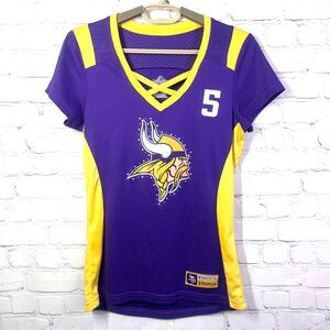 NWOT |•MAJESTIC•| Minnesota Vikings Bridgewater 5 V-Neck Rhinestone Top Size S